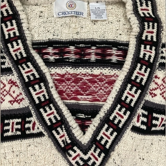 Vintage 100% Cotton Neutral Tone Aztec Tribal Print V-neck Knit Sweater - Picture 5 of 7